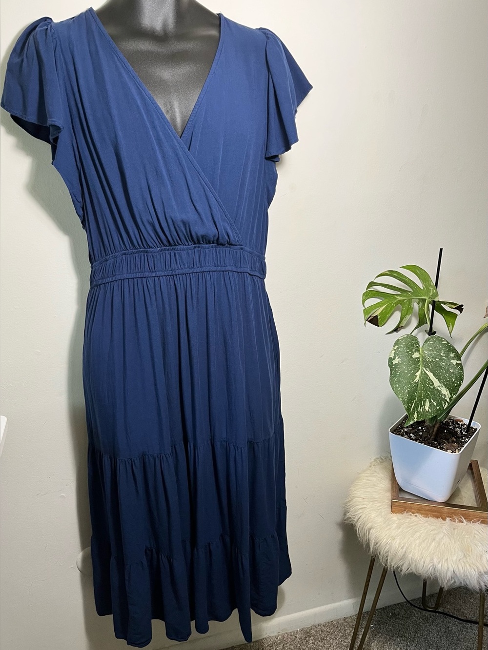 Knox Rose Deep Blue Faux-Wrap Tiered Midi Dress